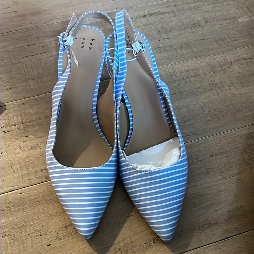 A New Day blue/white stripes kitten heels sling back shoes